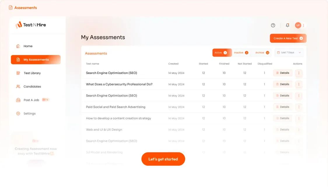 TestnHire product assessment dashboard
